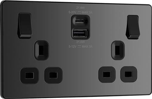 BG Electrical Double Switched Power Wall Plug Socket with Fast Charge Type A and Type C USB Charging Ports, Evolve, Black Chrome, 13A, 22W, PCDBC22UAC22B