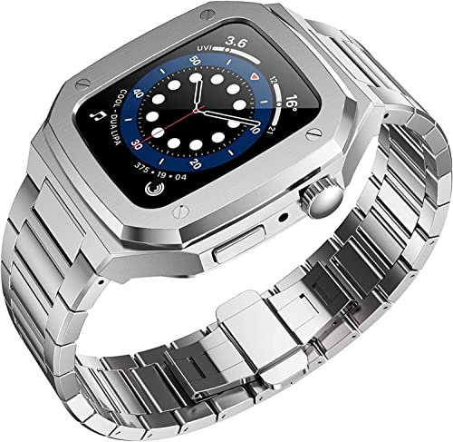 IRFKR Schutzhülle aus Edelstahl, für Apple Watch Serie 7, 6, 45 mm, 44 mm, integriertes Band mit Metallschnalle, 44MM, Achat