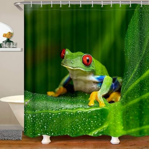Rideau de Douche Grenouille, Anti Moisissure Imperméable Rideau Baignoire Grenouille Rideaux Douche 180x200, Lavable Polyester Shower Curtain 3D Rideaux Salle de Bain 12 Crochets vq271