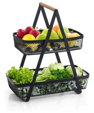 Trendi 2 Tray Fruit Stand Fruit Bowl, 2-Tier Mesh Fruit Basket with Wooden Handle, Fruit Bowl, Bread Basket, Vegetable Bread Basket, Modern for Kitchen Decoration, Vegetables, Fruits, Snacks