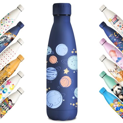 KollyKolla Edelstahl Trinkflasche 500ml, 3D-Druck Trinkflasche, Trinkflasche Sport, Trinkflasche Kohlensäure Geeignet, Auslaufsicher Thermoskanne, BPA-Frei, Trinkflaschen für Kinder, Schule, Sport