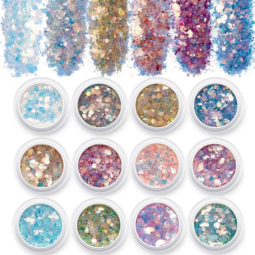 GZMAYUEN 12Pcs Glitzer für Nägel Chunky Glitter Sequin Glitzer für Gelnägel, Glitter Holographic Sequin Pailletten Nagel Glitzer Set