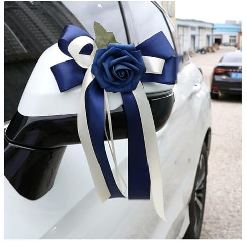 Pmnzdy 4 fiocchi per auto, fiori di seta, simulazione, fiocco, decorazione per auto, specchietto retrovisore, per matrimonio, per chiesa, auto, matrimonio, funerale, festa, blu