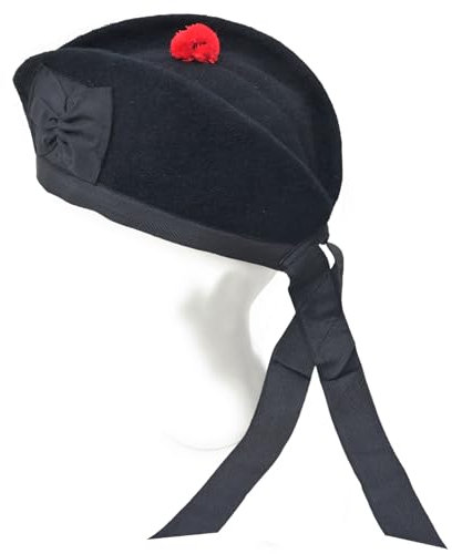 Kilt Emporium Schottische Piper Glengarry Mütze aus reiner Wolle, Militärmütze mit rotem Bommel, atmungsaktiv, gefüttert, bequeme Passform, Schwarz, 58 EU