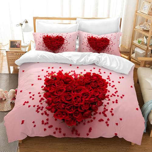Hoimlm Red Rose Duvet Cover Bedding Set,3D Design Floral Printed Duvet Cover with 2 Pillowcases,Soft Microfiber Quilt Cover with Zipper Closure for Girls/woman (Pink Rose, Single)
