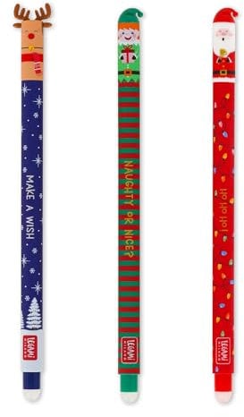 LEGAMI - Set de 3 Stylos Gel Effaçables, Édition de Noël, Rouge, Bleu, Vert, Encre Effaçable Sans Consommer de Papier
