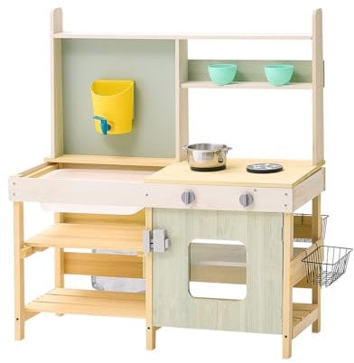VEVOR Mud Kitchen for Kids, Wooden Toy Play Kitchen Set, Outdoor Toddler Grocery Store Playset, Pretend Play Kitchen with Stoves, Tank, Faucet, Storage Bag, Metal Baskets, and Cookware Pots