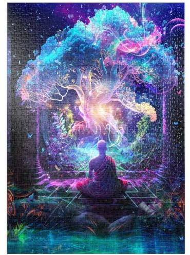 MyPuzzle Spirituelle Fantasie-Illustration – Mönch meditiert vor leuchtendem Baum - Premium 1000 Teile Puzzle - MyPuzzle Sonderkollektion von Puzzle Galaxy