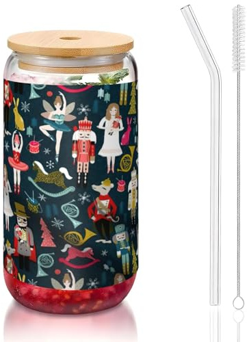 OKFSTY Women's Nutcracker Ballet Xmas Dance Printing 16oz Drinking Glasses Set for Coffee Accessories Iced Beer Cups,Glass Cup Reusable for Gifts