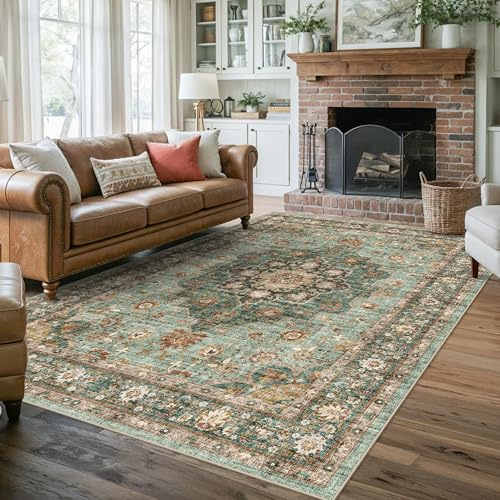 TOPRUUG Waschbarer orientalischer Teppich, 15,2 x 22,9 cm für Wohnzimmer, weicher Teppich für Schlafzimmer, wasserdicht, Blumenmuster, Used-Look, schmutzabweisend, fusselfrei, Bodenteppiche (Grün