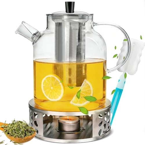 1800 ml Teekanne Mit Siebeinsatz Und Stövchen，Rostfrei Hitzebeständig | Glasteekanne mit Abnehmbare Edelstahl Sieb Warmhalteuntersetzer für Schwarzen Tee Fruchttee Duftender Tee Teebeutel