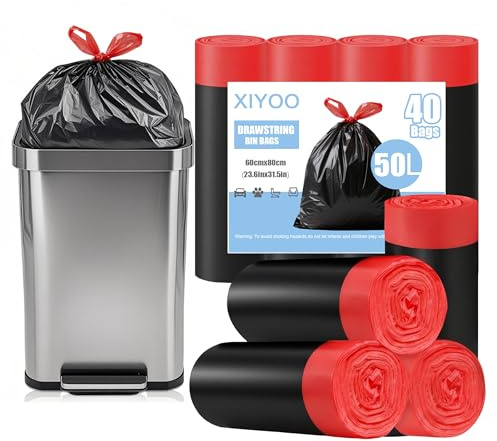 XIYOO Heavy-Duty Black Bin Bags 50L Bin Liners with Drawstring Handles 40 Count Swing Rubbish Bags Kitchen Trash Bags Waste Sacks fit 45-60L