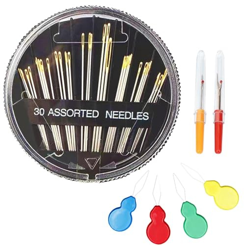 30Pcs Hand Sewing Needles with Case, 4 Needle Threaders, 2 Seam Rippers, Large Eye Blunt Darning Needles, Multi-Size Stainless Steel Needles for Wool, Crochet and Sewing DIY Embroidery Crafts