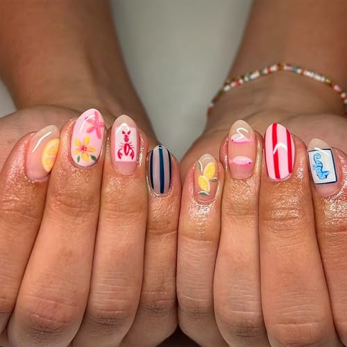 Radiella 24Pcs Summer Short Press on Nails, Reusable & Easy Apply Stick on Nails for Women, Beach False Nail Manicure Short Almond, Lemon Flower Lobster Seahorse Design