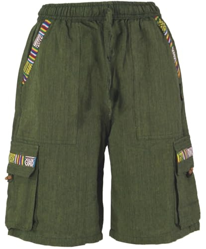 Ethno Yogashorts im Goastyle, Herren, kurze Baumwollhose, olive, L