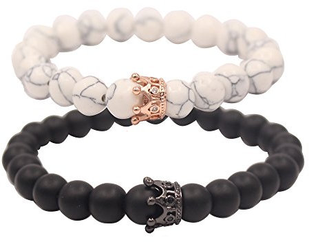 UEUC Distance Couple Bracelet avec CZ Crown King & Queen Noir Mat Agate & White howlite 8 mm Bracelet Perles, 8 pouces, Pierre, Oxyde de zirconium, 8 pouces, Pierre, Oxyde de zirconium