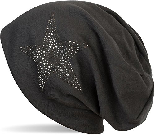 styleBREAKER Damen Beanie Mütze mit Strass Nieten Stern und Schmucksteine Silber-anthrazit, Slouch Longbeanie 04024087, Farbe:Anthrazit