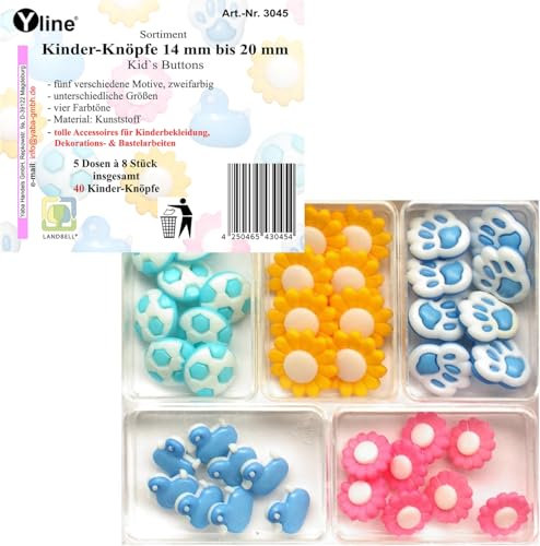 Sort. 40 Kinder - Knöpfe, 14 mm bis 20 mm, 5 verschied. Motive u. Farben, Annähknöpfe, Ösenknöpfe, 3045