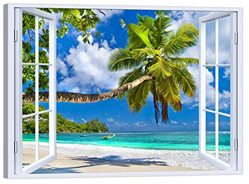 LuxHomeDecor Quadro Finestra Palme Isola Tropicale Mare 100x75 cm Stampa su Tela con Telaio in Legno Arredamento Arte Arredo Moderno