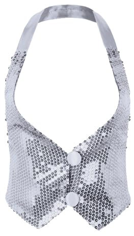 inlzdz Damen Pailletten Glitzer Weste Ärmellos Tanzoberteil Jacke V-Ausschnitt Barkeeper Kellnerin Weste Waistcoat Slim Fit Oberteil Karneval Fasching Silvester Party Kostüm Silber One_Size
