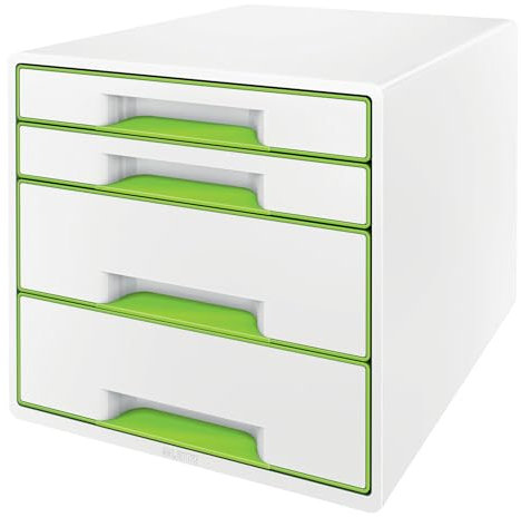 Leitz CUBE Schubladenbox mit 4 Schubladen, Weiß/Grün, A4, Inkl. transparentem Schubladeneinsatz, WOW, 52132054