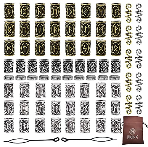 WDBAYXH 78Pcs Viking Runen Perlen Bartperlen Nordische Piraten Haarperlen Keltischer Knoten Paracord Perlen Charms Lanyard Braid Ringe Haarschlauch Perlen DIY Armband Anhänger Halskette Schmucksets