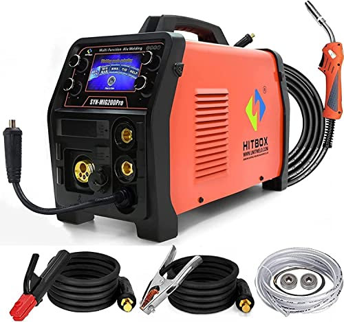 HITBOX Soldadora MIG 200A 220V IGBT 5 en 1 Máquina de Soldar Totalmente Automática MAG MMA LIFT TIG Soldadura de Hilo Continuo 1-5KG Núcleo de flujo/Alambre sólido gas y sin gas Soldadura Inversor