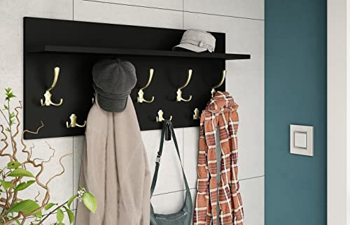 Design Garderobe Garderobenpaneel 90 x 40 cm Schwarz matt - Gold mit Hutablage Kleiderhaken Finlo