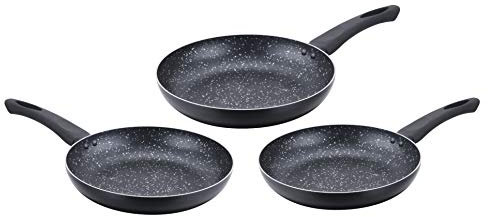 Cenocco CC2001-BLK - Set di 3 padelle in pietra, 3 dimensioni: 20 cm, 24 cm, 28 cm, cottura a induzione, rivestimento in pietra di marmo, senza PFOA, colore nero