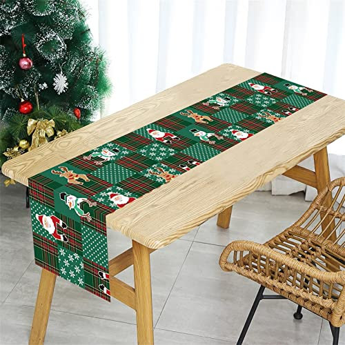Tischläufer Weihnachten, Grün Büffel Kariert Merry Christmas Tischdeko, Weihnachtsmann Elch Schneemann Feiertags Tischdecke für Kommode Schals Esszimmer Küche Couchtisch Weihnachts Tisch Dekoration