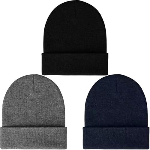 LCZTN FASHION 3er-Pack Winter-Ski-Mütze für Damen und Herren, warme Fischer-Strickmütze mit Bündchen, Unisex, Schwarz, Grau, Marineblau, One size