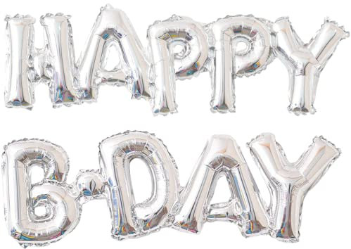 DIWULI Happy B-Day Luftballon Silber, Happy Birthday Folien-Ballons für Geburtstag, Kindergeburtstag Junge Mädchen, Motto-Party, Dekoration