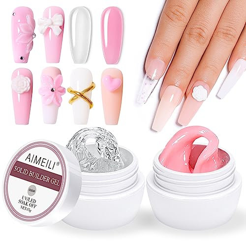 AIMEILI 5 in 1 Trasparente Solid Nail Builder Gel Solid Nail Extension Builder Gel Unghie Gel Ricostruzione Unghie Chiaro e Rosa Kit 3, 2x15g