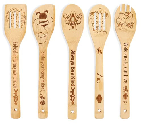 Bienen-Holzlöffel, Geschenke zum Kochen – Cooles Graviertes Küchenutensilien-Zubehör-Set, Bambus-Kochutensilien für Küchendekoration – Weihnachten Geschenke für Freund