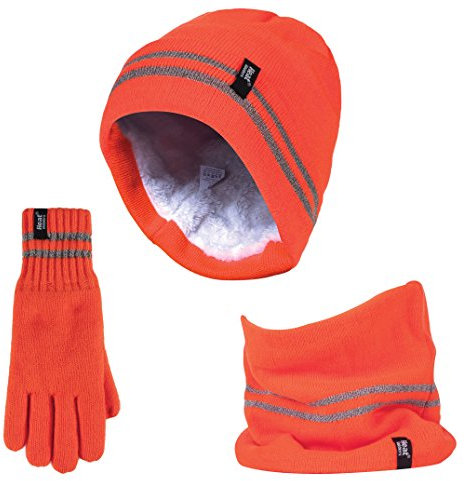 HEAT HOLDERS Hi Vis Hat, Neck Warmer & Gloves Set Reflective Workwear Set for Extreme Cold Weather (S-M, Orange)