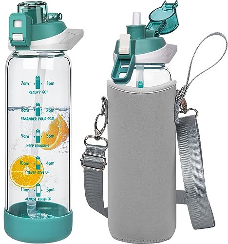 Seekua 800ml Glass Water Bottle with Straw & Time Markings BPA free Motivational Glass Drinking Bottle Leakproof