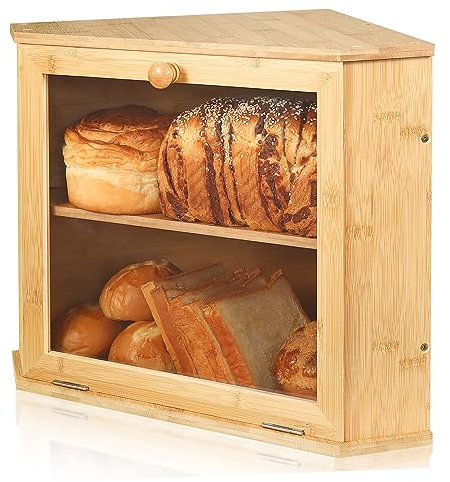 Doppellagige Eck-Brotbox – Bambus große Kapazität Brotbox – Brotkasten für Küchenarbeitsplatte mit verstellbarem Trenner, einfach zu montieren – moderner Brotbehälter für Brot, Lebensmittel, Obst