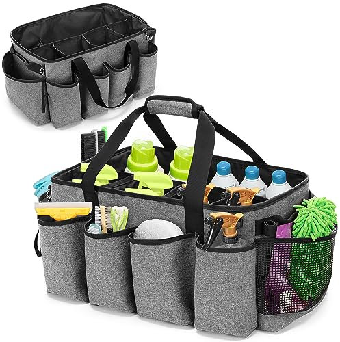 HODRANT Extra-Large Cleaning Caddy Organizer with Sturdy Pad & Handles, Cleaning Tote Bag for Cleaning Products, Cleaning Supplies Storage Bag with Large Capacity for Housekeeping Work & Car, Grey