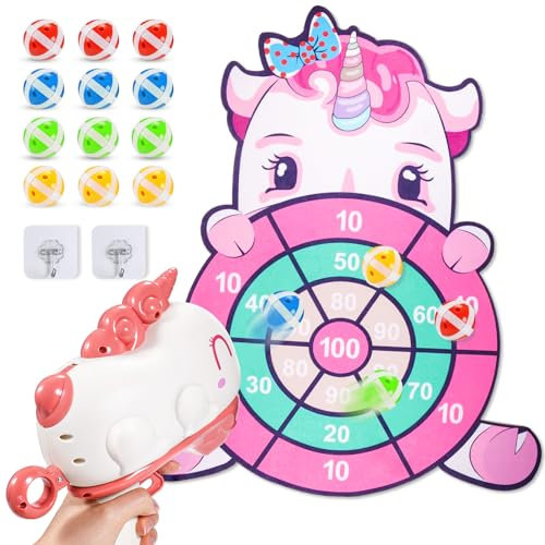 HappyKidsClub Einhorn Geschenke für Mädchen, Dartscheibe Kinder Schießspielzeug mit 12 Klebrigen Bällen Einhorn Spielzeug für Draußen - Outdoor Spiele Garten Spielzeug Ostergeschenke Kinder
