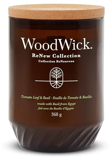 WoodWick Renew – Grande bougie parfumée avec mèche craquelante | Feuille de tomate et basilic | Mélange de cire de soja et de noix de coco à base de plantes | Fabriquée avec des matériaux recyclés