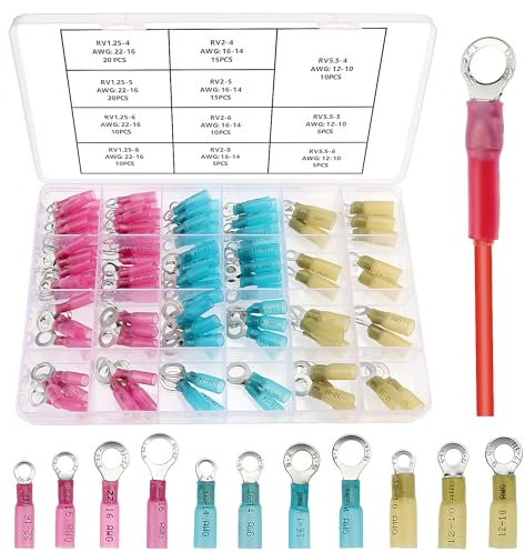 YIXISI 125 Pezzi Kit di Connettori Termorestringenti, Terminali a Crimpare Termorestringenti, Terminali per Cavi Elettrici Multiuso Impermeabili, Connettori ad Anello, 22-10 AWG