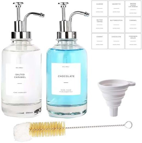 BunnyCare Coffee Syrup Dispenser Set, 2pcs 16.9oz Glass Bottles with Silver Pump, 36 Labels & Brush, Coffee Bar Accessories