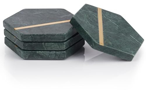 EHC Marble Hexagon Coasters Set of 4, Non-Slip Drink Pads for Coffee, Beer Bar Mat - Green