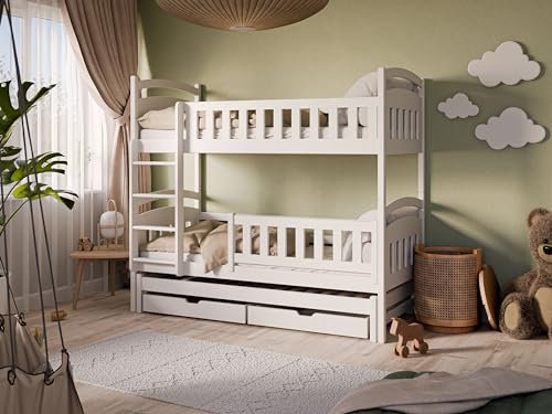 Muebles Slavic Eva Kinderbett 90x200 cm, Kinderetagenbett, Kinderbett, Bett mit Leiter, Absturzsicherung, Kieferholz (Weiß mit Matratze)
