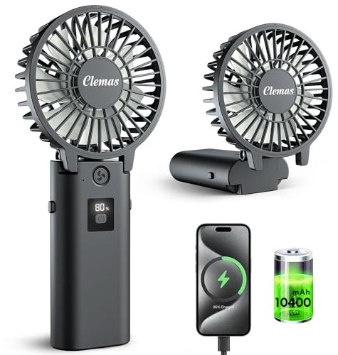 Ventilatore portatile portatile con design staccabile, batteria da 10400 mAh, pieghevole e ricaricabile, mini ventilatore compatto con alimentatore integrato, soluzione di raffreddamento per viaggi