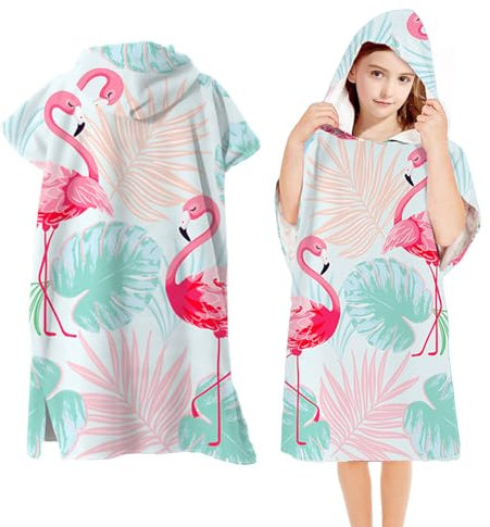 Badeponcho Kinder mit Kapuze, Mikrofaser Poncho Strandtuch, Handtuch Poncho Kinder, Badehandtuch Kinder Badeponcho, Badetuch Kinder für MäDchen, Jungen Kleinkind 2-8 Jahre Alt (Flamingo)