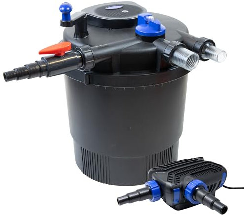 VIALIA Teich Filteranlage Set 10, Druckfilter CPF-20000 mit UVC Klärer für Teiche bis 40.000 Liter, 12.000L/h Durchfluss, energiesparende Pumpe CTF-B 10000 inkl. 10m Schlauch