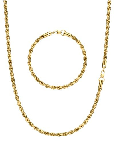 CASSIECA 2Pcs Gold Chains for Men 316L Stainless Steel Mens Rope Chain Mens Link Chain Necklace and Bracelet Set Hip Hop Jewelry Men's Jewellery for Husband Son Boys