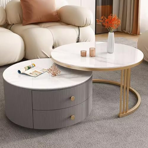 Lot de 2 tables basses gigognes en pierre + verre avec deux grands tiroirs de rangement supérieurs et inférieurs, meuble pour petit espace, bureau, chambre à coucher