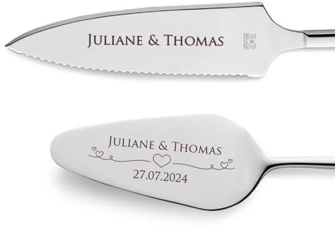 GRAVURZEILE Cake Server with Cake Knife with Personalised Engraving – Hearts – Gift for Wedding – High-Quality Stainless Steel – Dishwasher Safe – Wedding Gifts for Bride and Groom – Silver